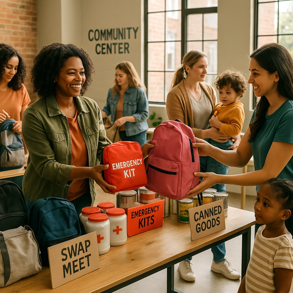 picture of a group of women in a community center swap meet. In the foreground, a woman behind a table is swapping an emergency kits for a backpack. There are some canned goods and bottled medicines on the table. Disaster, surprise