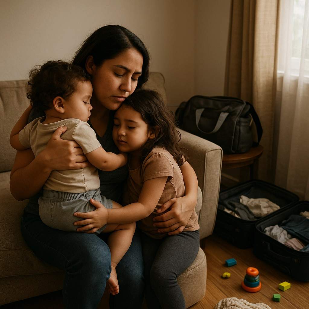 A mother sits on the sofa in her living room, cradling a toddler and hugging her older daughter. They all have sad expressions on their faces. to the left of them is a window and a packed, open suitcase sits beneath it.