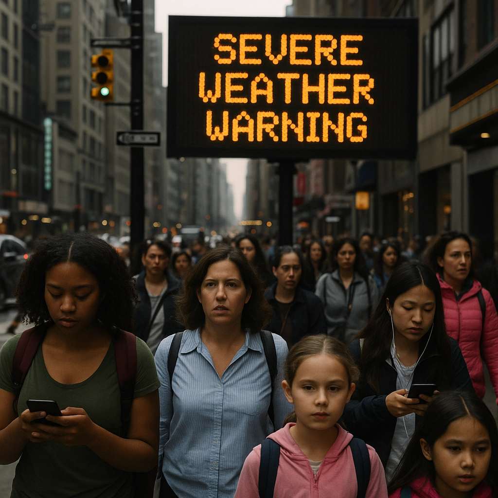 A picture of a crowd of women and some children evacuating down a city street. Some are looking down at their cell phones, all look concerned. Disaster Alerts: A Tech Survival Guide for Single Women