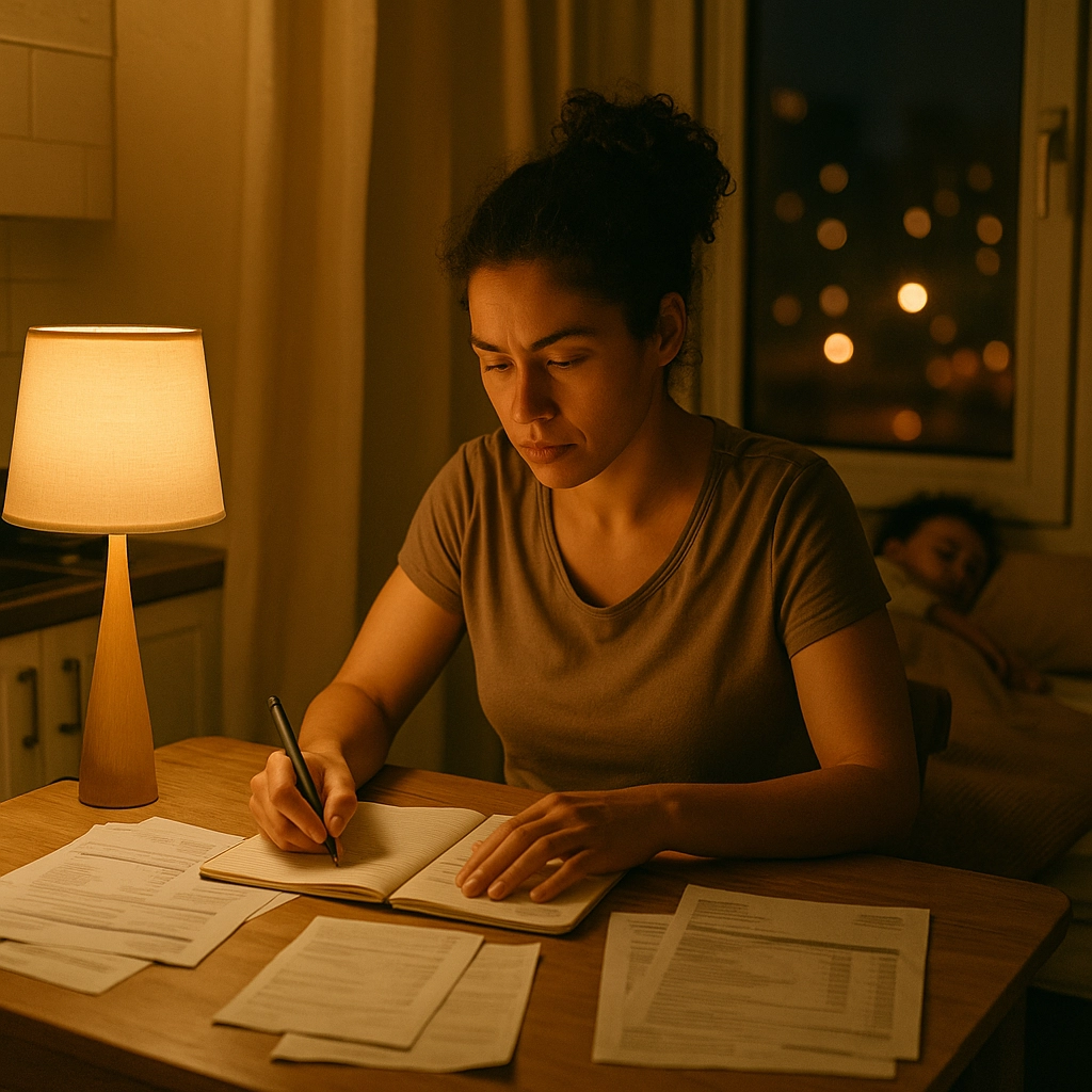 It's nighttime; a woman is sitting at her desk, sorting through bills and making notes with a concerned look on her face. A young boy is sleeping on the couch in the background underneath a window with city lights glinting through. Disaster, surprise