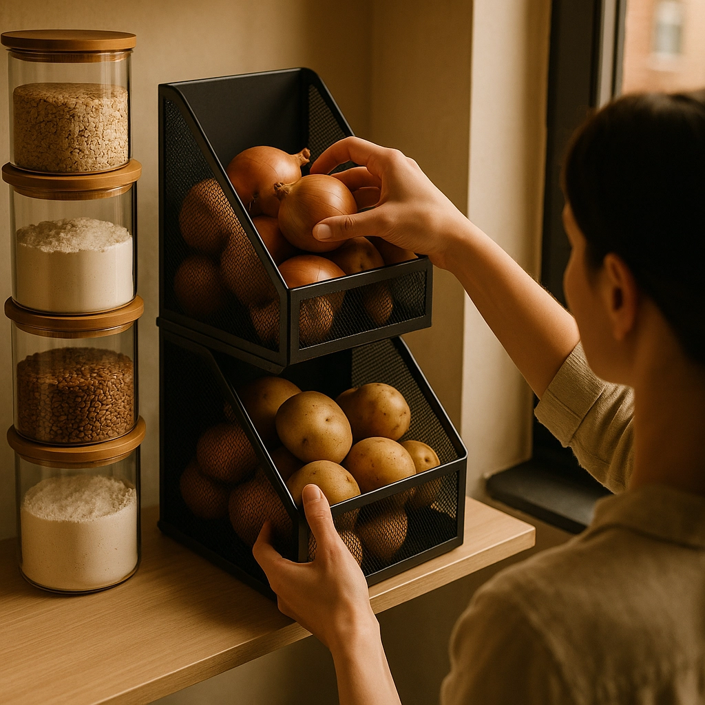 A woman is placing onions in the top portion of a stackable mesh stand. Potatoes are in the bottom half. Dry food goods are stacked in a vertical glass container with wooden tops. Revolutionize Your Pantry: 5 Simple Hacks to Save Money