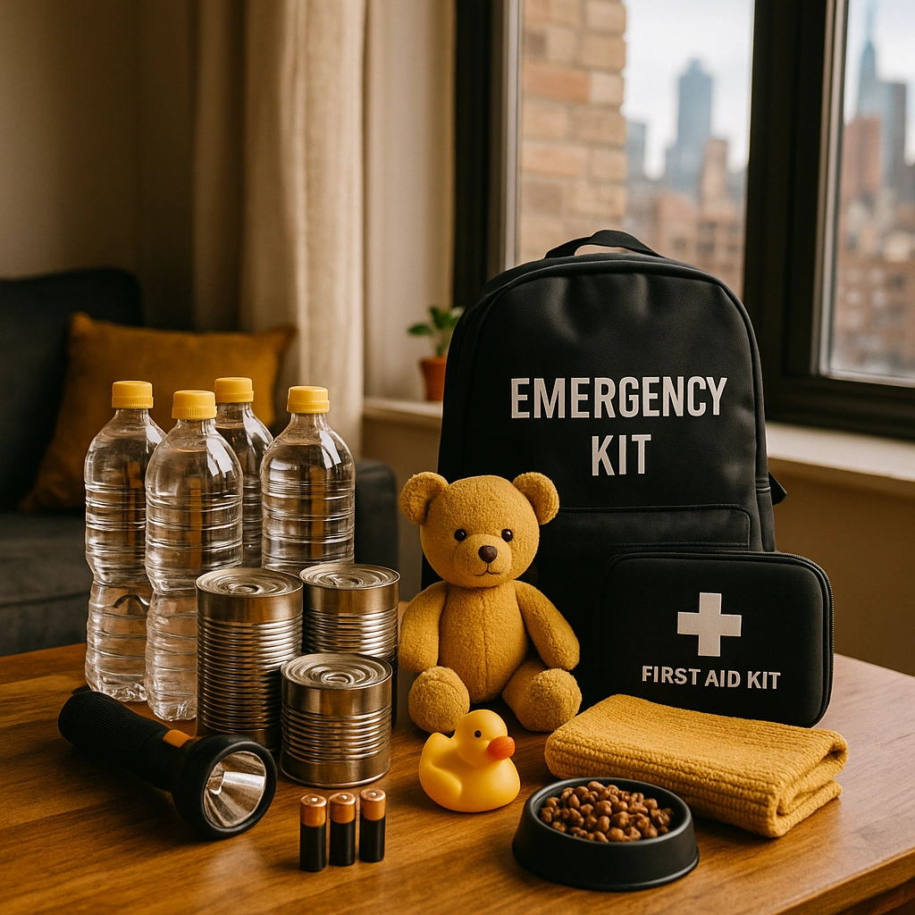 An image of prepper items on a living room table. in the background is the edge of a couch, and you can see a city skyline out of the window. On the table is a Emergency Kit backpack, a first aid kit, a few bottles of water and some canned food, a flashlight, batteries, a towel, a small bowl of dog food, a rubber ducky and a teddy bear. National Preparedness Month
