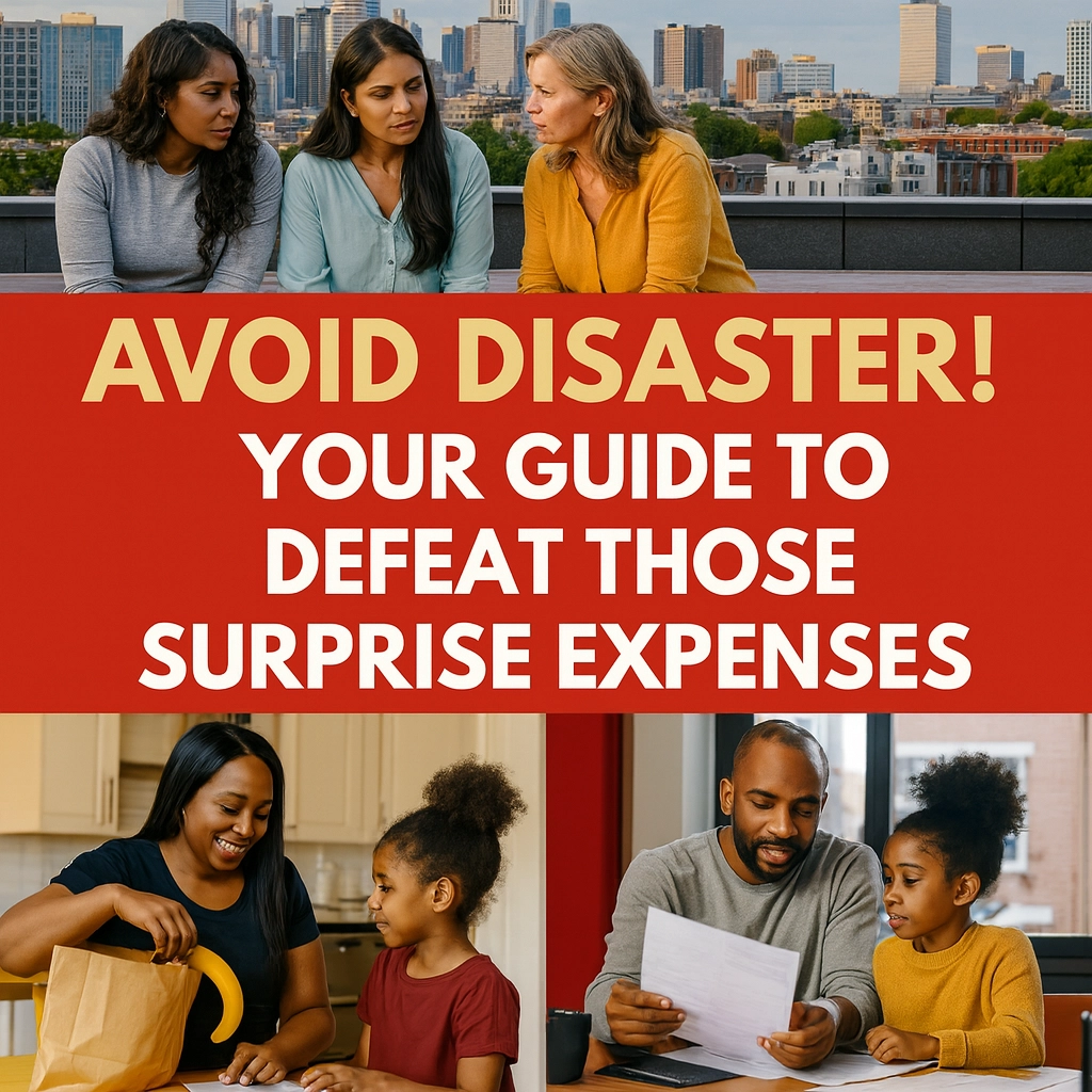 3-pic collage: top picture are three women with concerned looks, sitting together with city skyline in the background. Bottom left pic shows a woman with her young daughter in their kitchen. Bottom right is a father with his young daughter looking at paperwork. Disaster, surprise