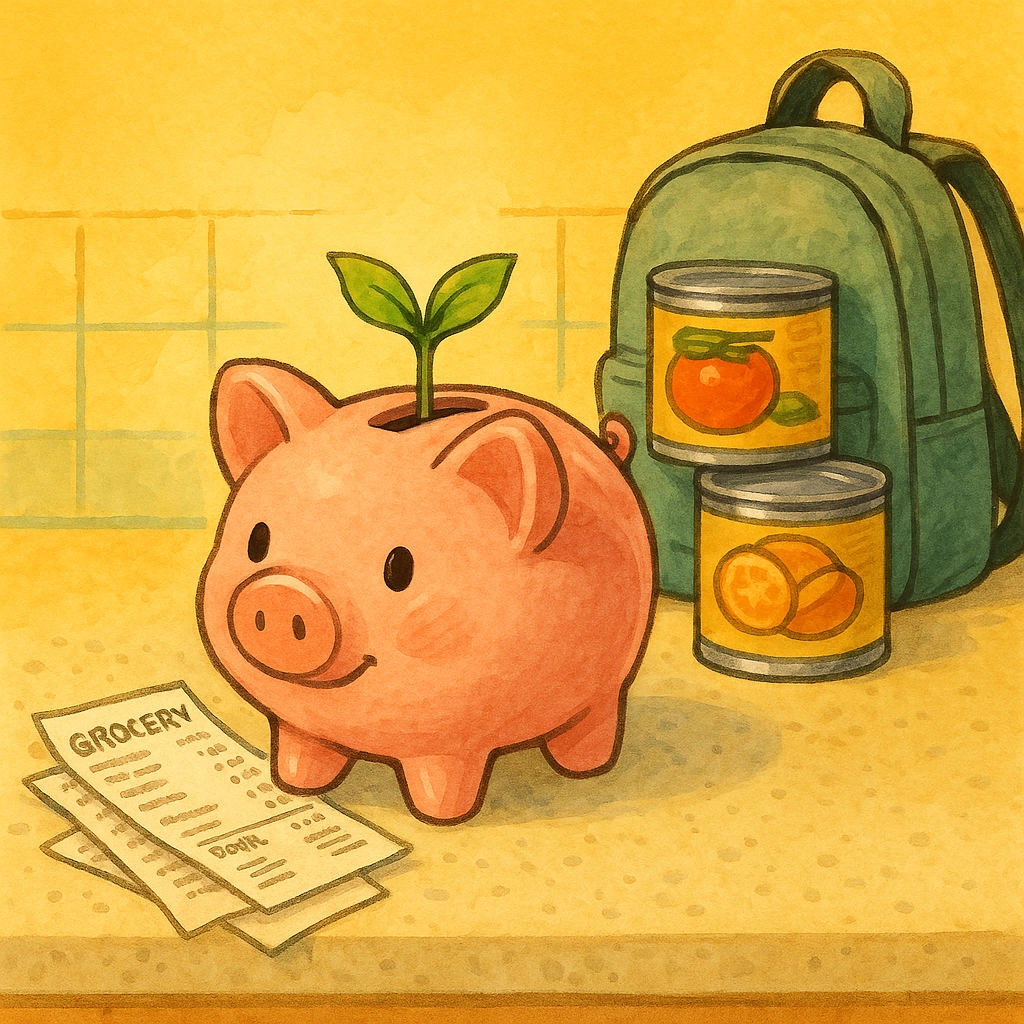 Illustration of a kitchen counter with piggy bank sitting on top of grocery receipts. There are two cans of veggies and backpack behind it. Disaster, surprise