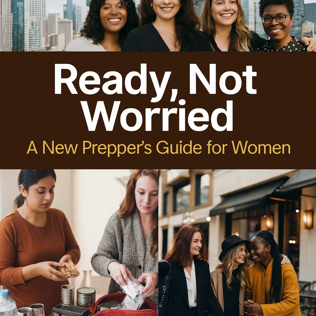 A 3-pic collage of city women; one group posing and smiling, another group walking down a city street happily talking, another of two women going through prepper items. Be Ready, not worried.