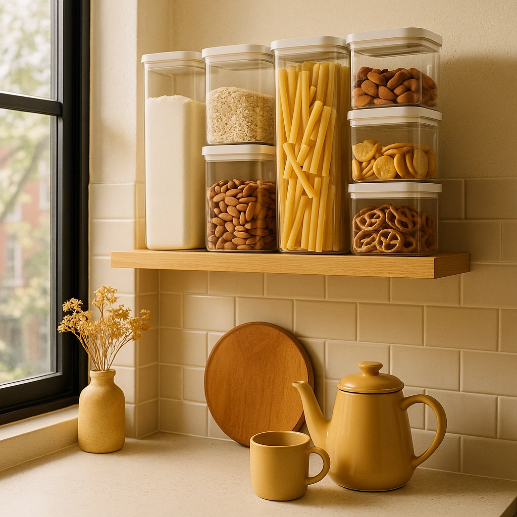 Image of the corner of a kitchen counter by a window. There are dry food good in stackable clear plastic containers on a floating shelf, and cutting board, a teapot and cup, and a vase with artificial flowers sitting on the counter beneath the shelf. Revolutionize Your Pantry: 5 Simple Hacks to Save Money