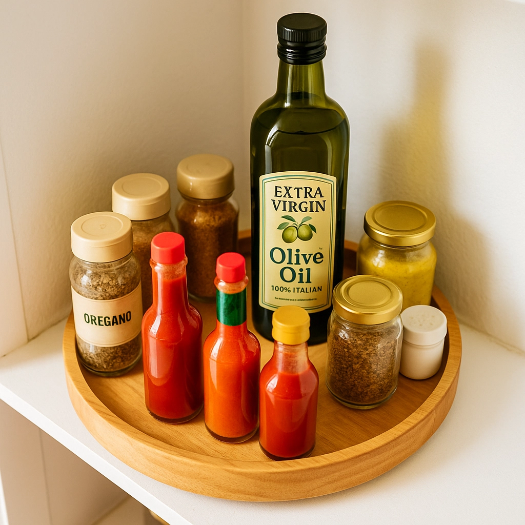 A picture of a cabinet lazy susan with several jarred spices, three bottles of hot sauce and a tall bottle of olive oil. Revolutionize Your Pantry: 5 Simple Hacks to Save Money