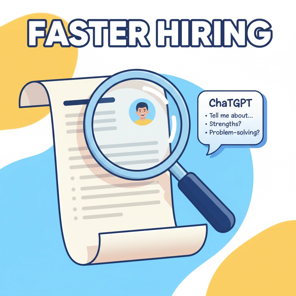 Icon: magnifying glass over resume with chat bubble — “Faster Hiring”