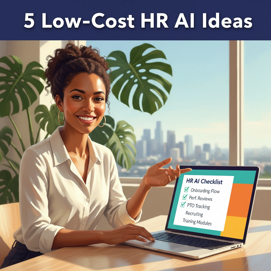 AI HR tools for small businesses hero — HR consultant smiling at desk, California office vibe, text overlay “5 Low‑Cost HR AI Ideas”