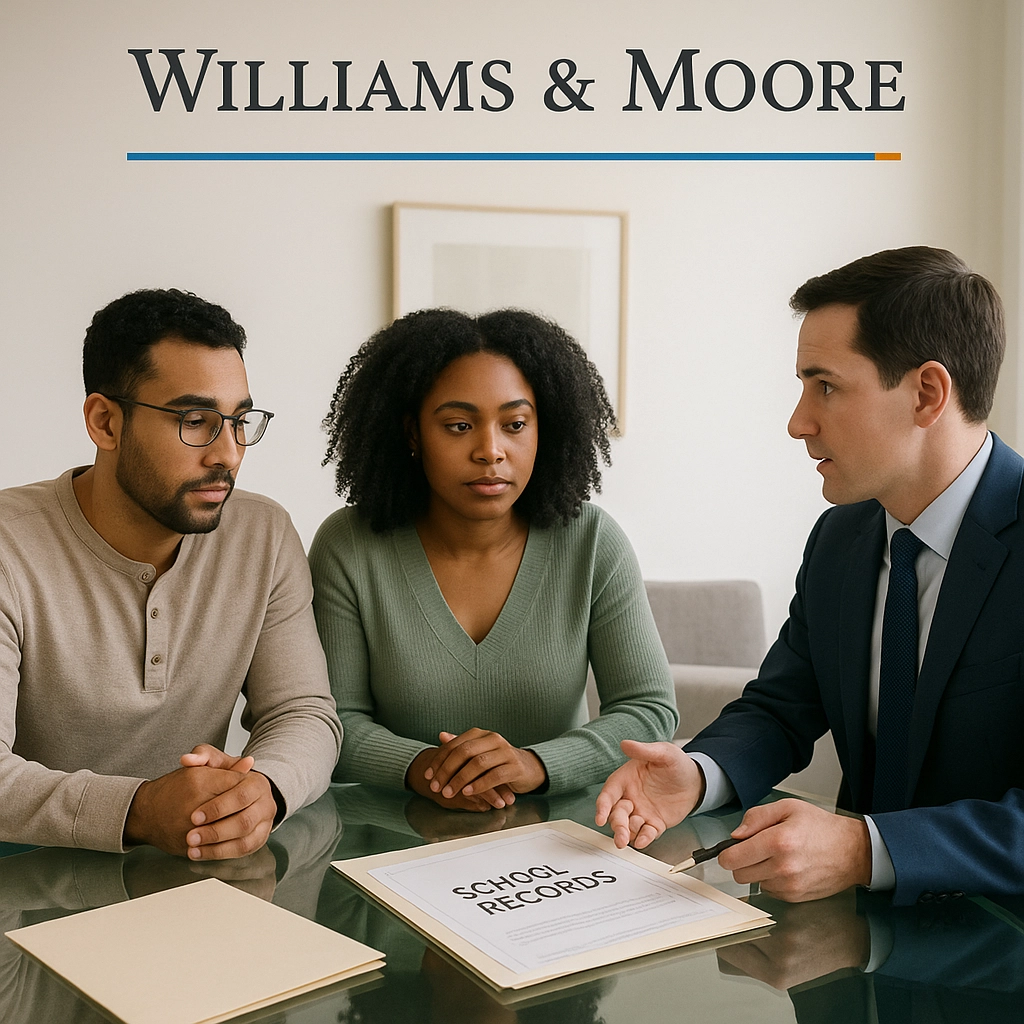 Parents meeting with an education attorney and reviewing school documents