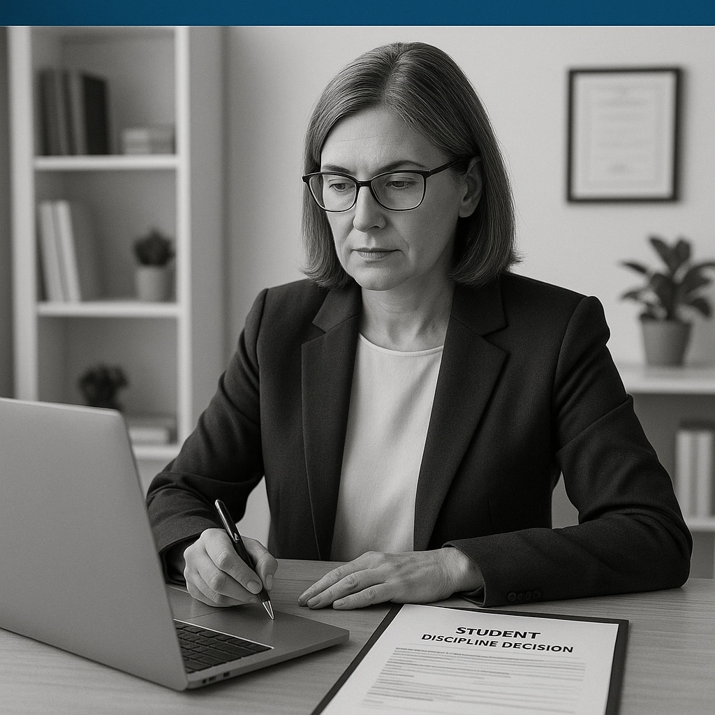 School administrator documenting a student discipline decision