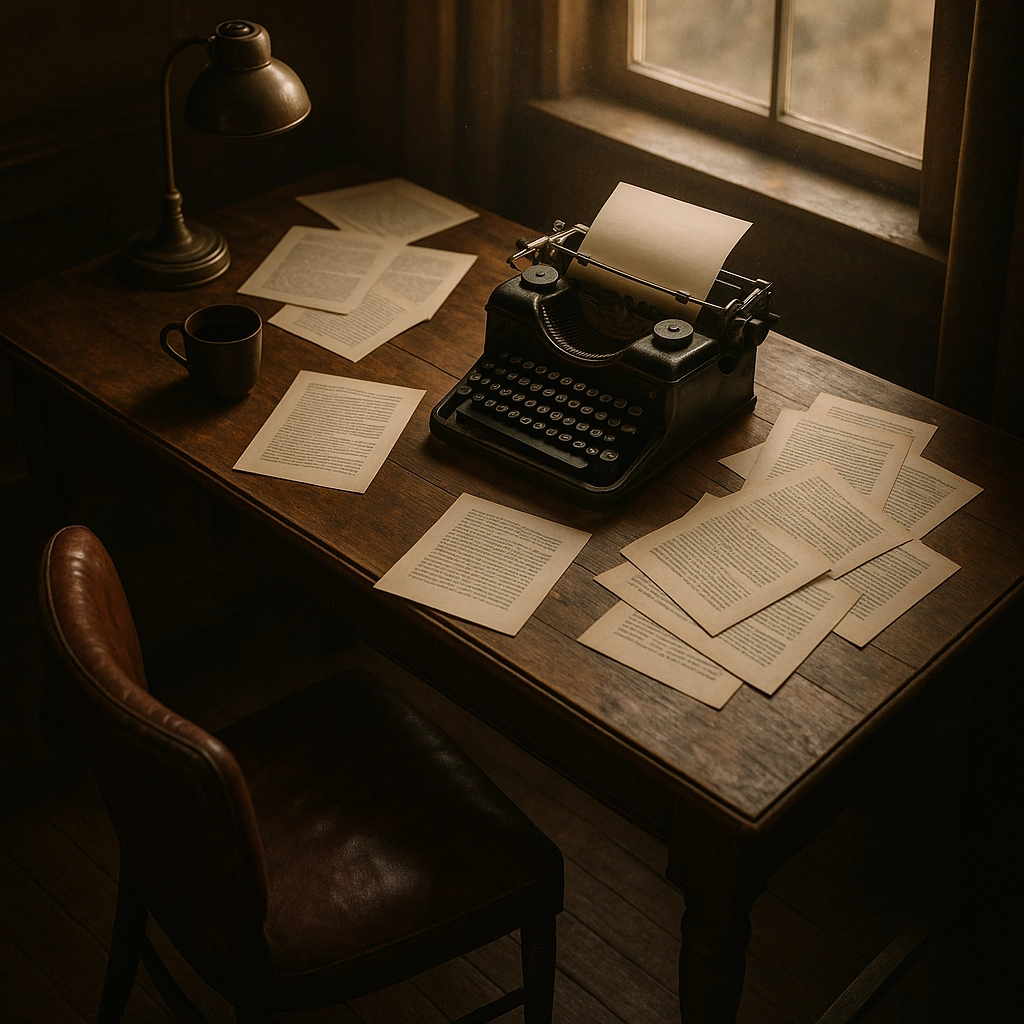 Moody flat lay of a vintage typewriter on a wooden table with printed pages scattered around, symbolizing the writing process and overcoming writer’s block.