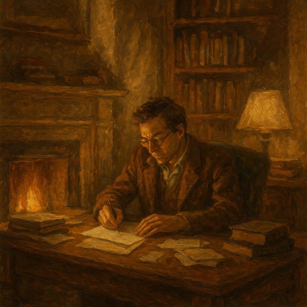 Painting style AI image of a man handwriting his notes or memoir at his desk with closed books, inside a cozy office, in front of a bookshelf and fireplace