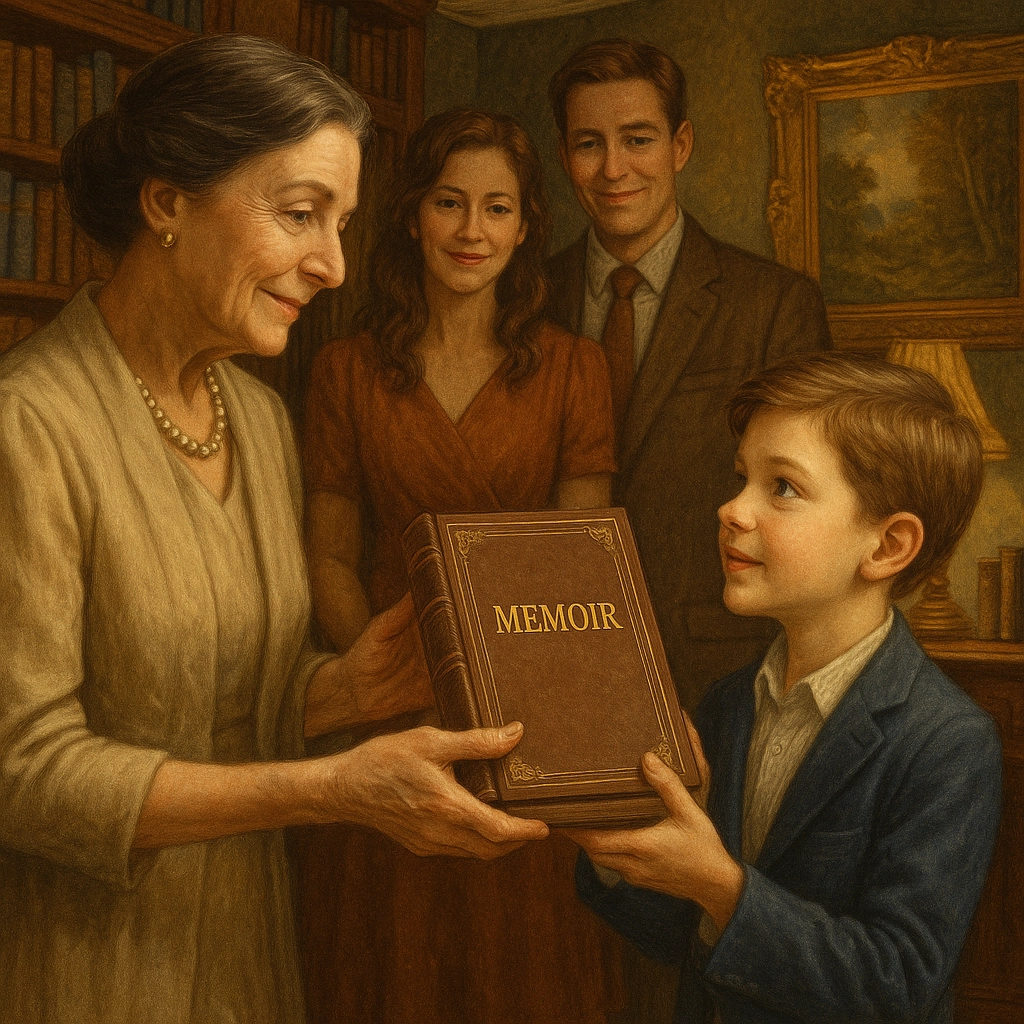 A family gathered around a grandmother, handing her grandson her memoir so that he could learn her and his legacy