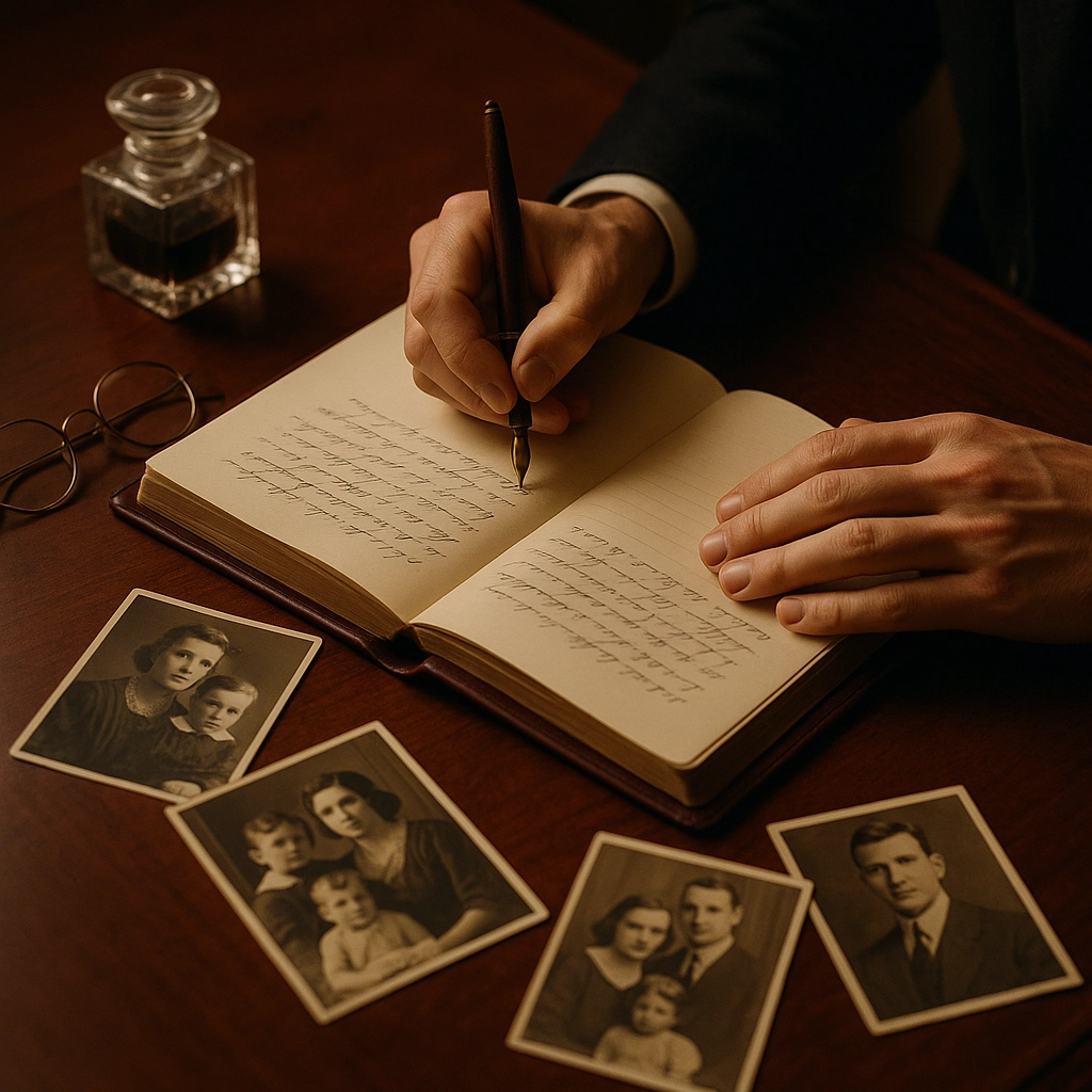 Close-up of hands writing in a journal with a fountain pen, surrounded by vintage family photographs on a wooden desk, symbolizing the memoir process and preserving family stories in a legacy book.