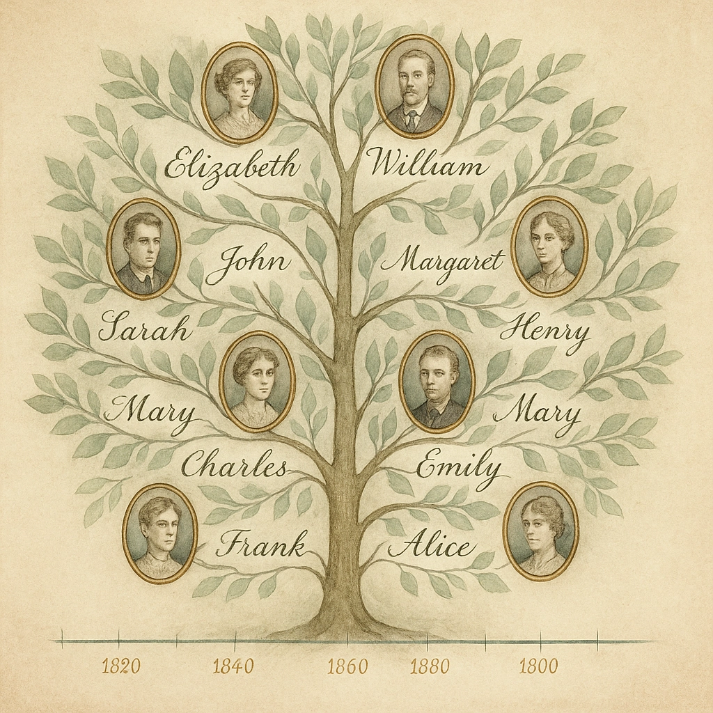 Illustrated family tree with watercolor leaves and vintage portraits labeled with names and dates, representing genealogy, ancestry, and the preservation of family history for a legacy or memoir book.