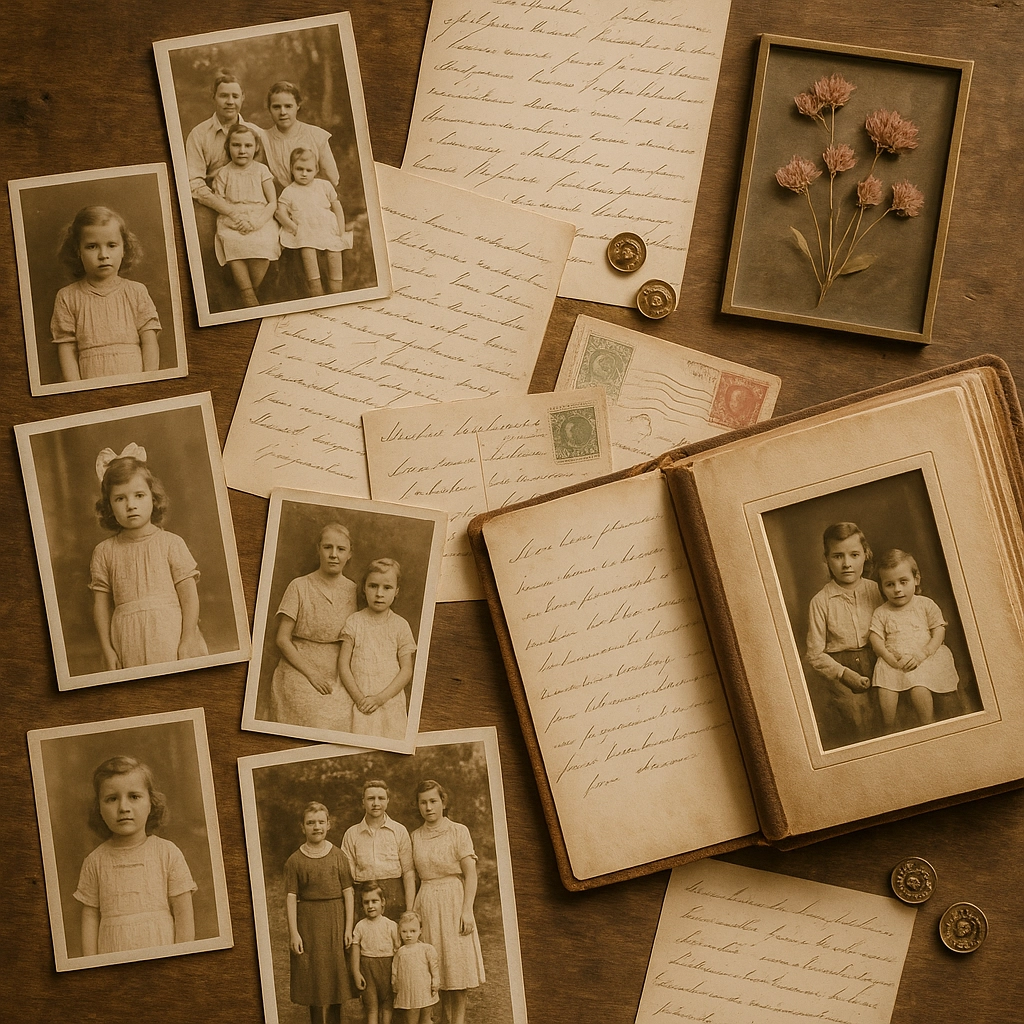 Flat lay of vintage family photographs, handwritten letters, postage stamps, and a keepsake album on a wooden table, symbolizing preserving family history through a legacy or memoir book.