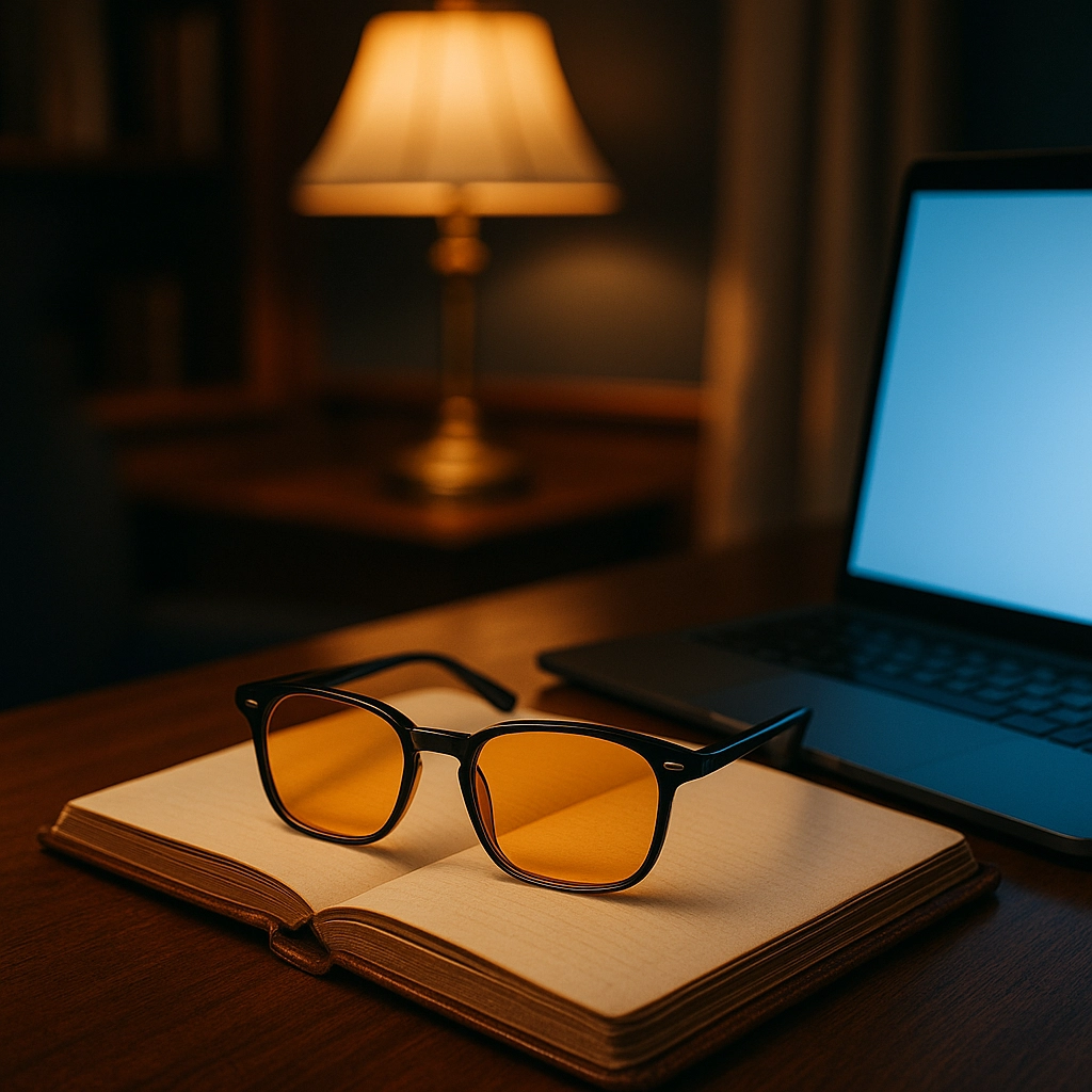 Moody aesthetic photo of a pair of glasses resting on an open journal with a laptop glowing softly in the background, creating a cozy writing workspace vibe.