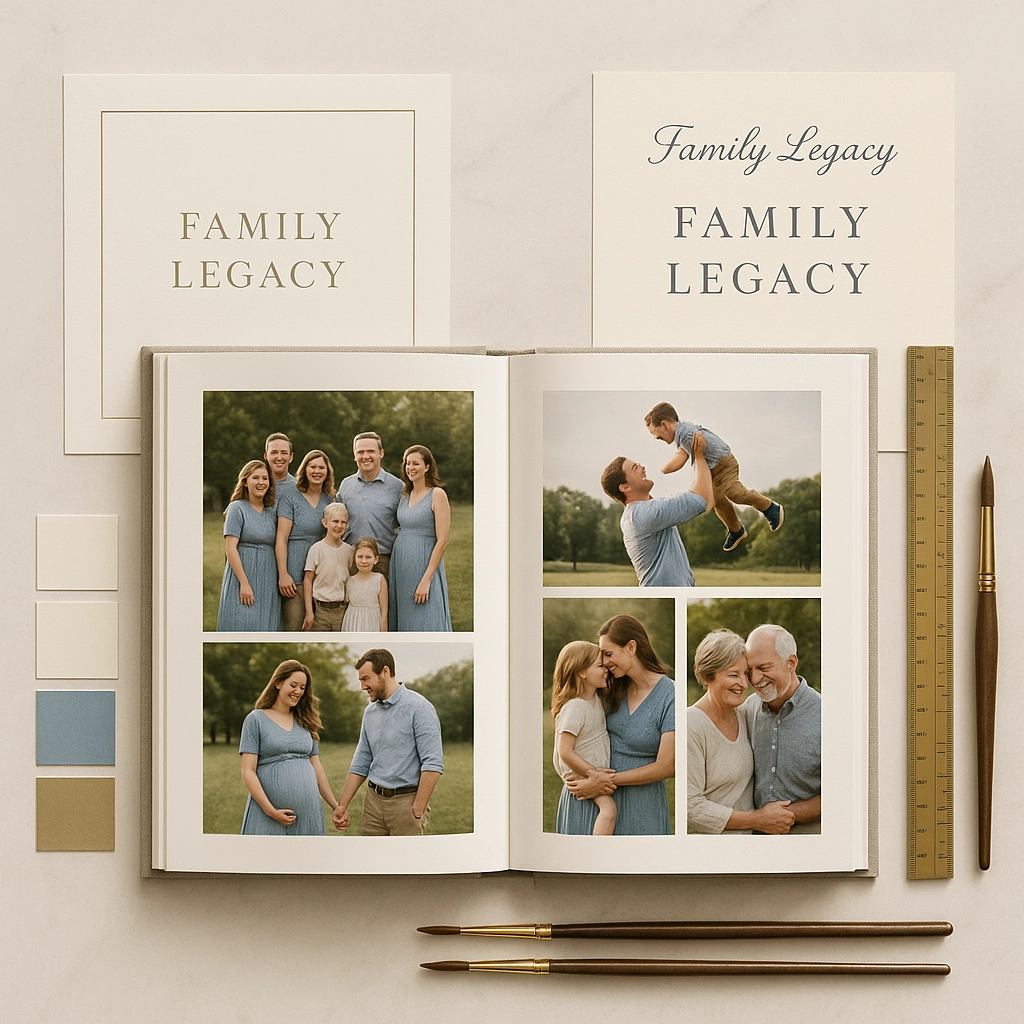 Flat lay of an open family legacy photo book featuring multi-generational portraits, color swatches, and elegant design elements, representing the creation of a custom legacy or memoir book.