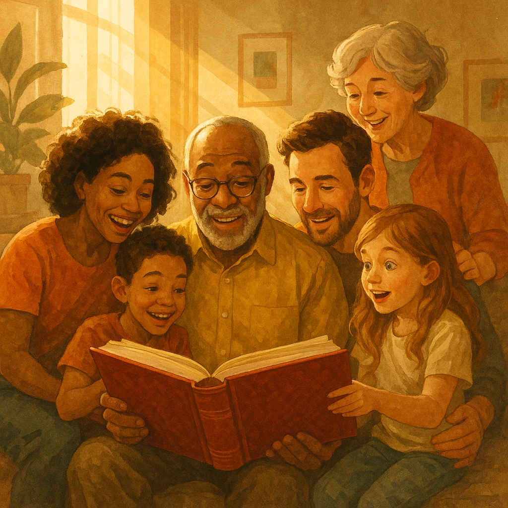 illustration of a family surrounding a grandfather while they all look at a book fondly