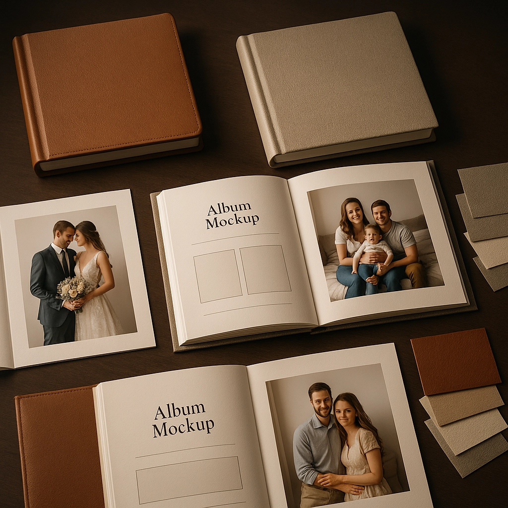 A collage of photo album mock ups