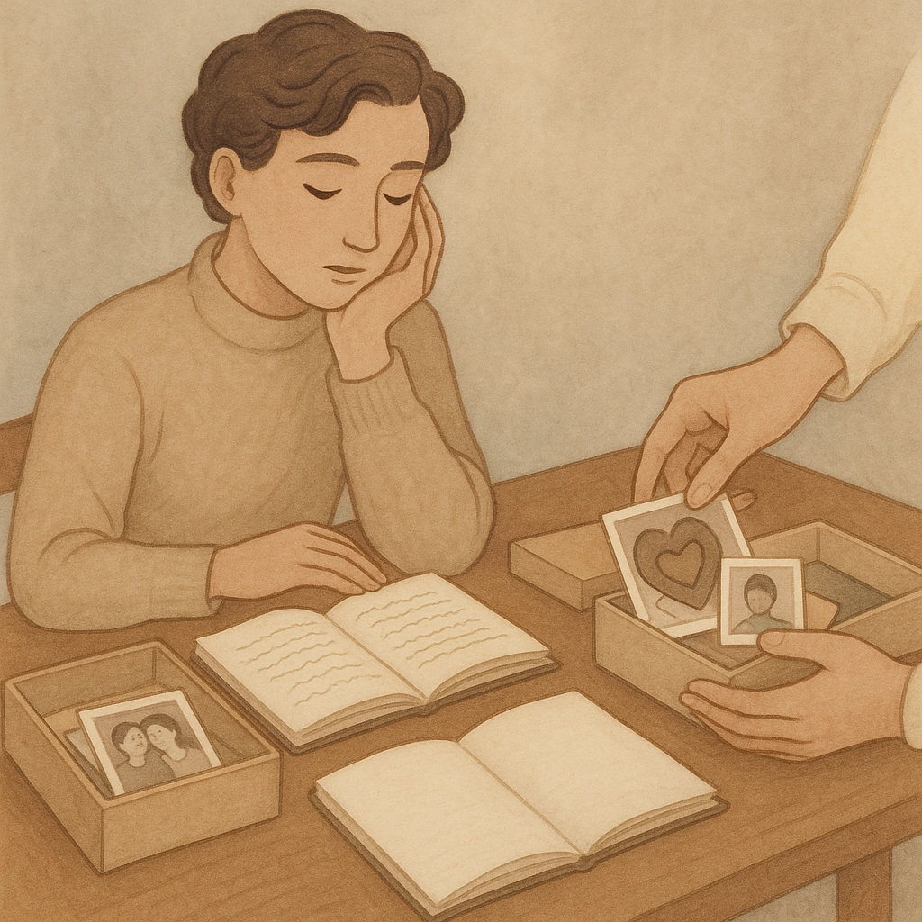 Illustrated scene of a person sitting at a desk with open journals, looking thoughtful as another hand offers family photographs from a memory box, symbolizing the memoir process.