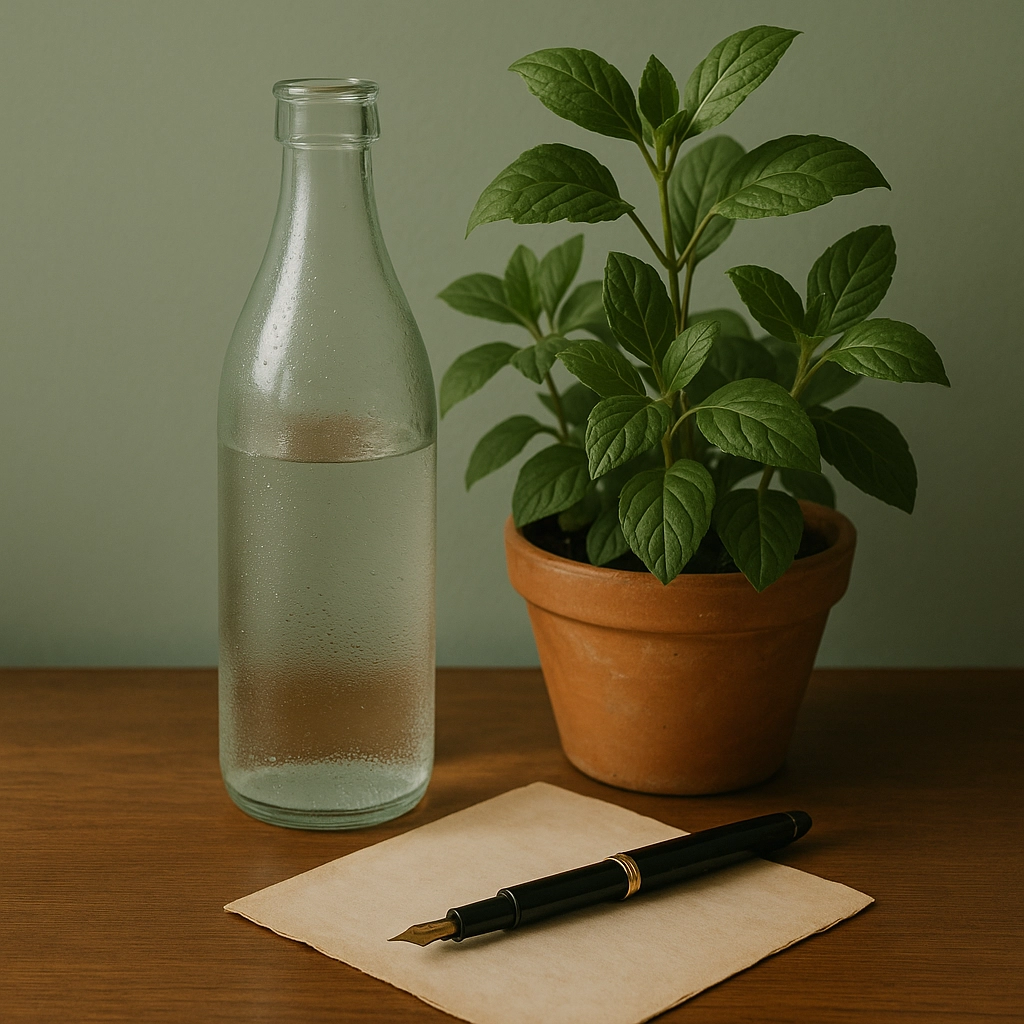 Minimalist scene with a tall clear glass jug of water placed beside a green plant in a terracotta pot on a neutral surface, styled with a moody, modern aesthetic.