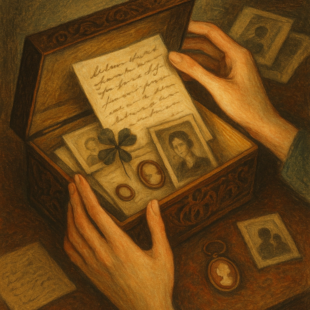 illustrative image of a keesake box with old letters, photos, and items considered as momentos