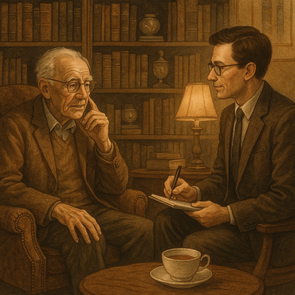 illustration of a young man taking notes from an old man in a warm library setting