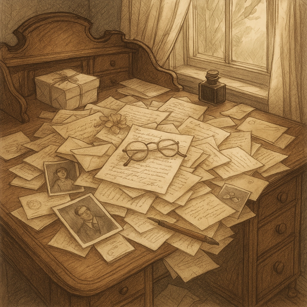 Illustrated desk piled with handwritten letters, photos, and glasses, representing the memoir process and the challenge of organizing family memories into a legacy book.