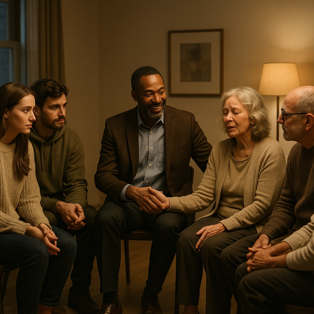 A supportive group meeting where an older woman holds hands with a smiling man while sharing her story, surrounded by family and peers in a warm, softly lit room.
