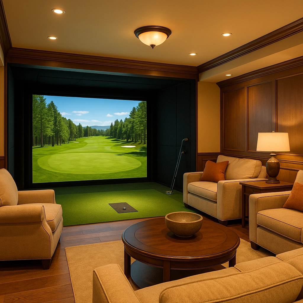 Golf simulator setup in home entertainment space, featuring projection screen displaying a golf course, hitting area with turf, and comfortable seating arrangement for spectators.