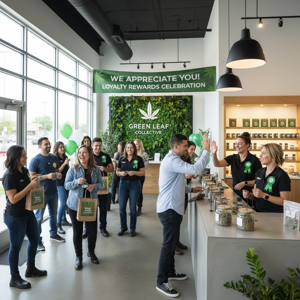 Dispensary loyalty program celebration with customers receiving rewards and signing up