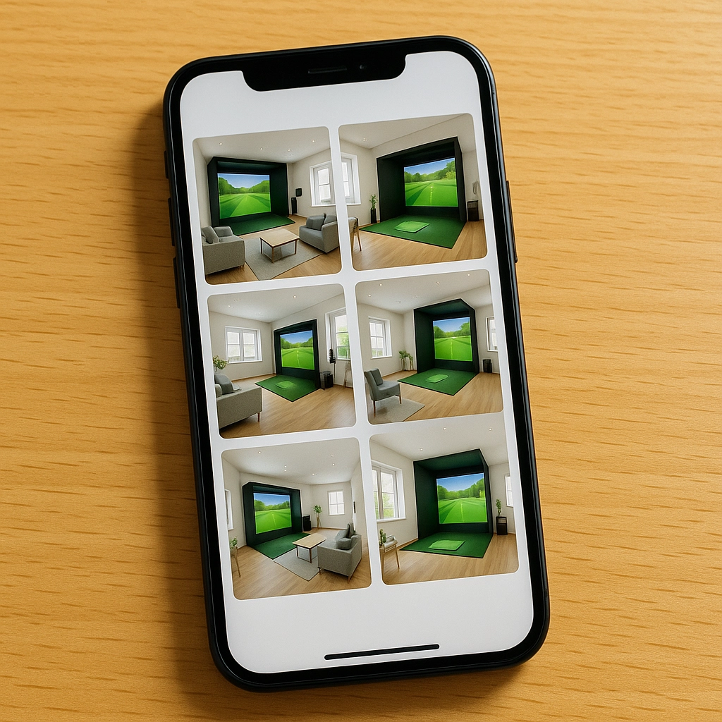 Smartphone displaying multiple layout options for a golf simulator setup in a living room, highlighting various positioning configurations for event planning.