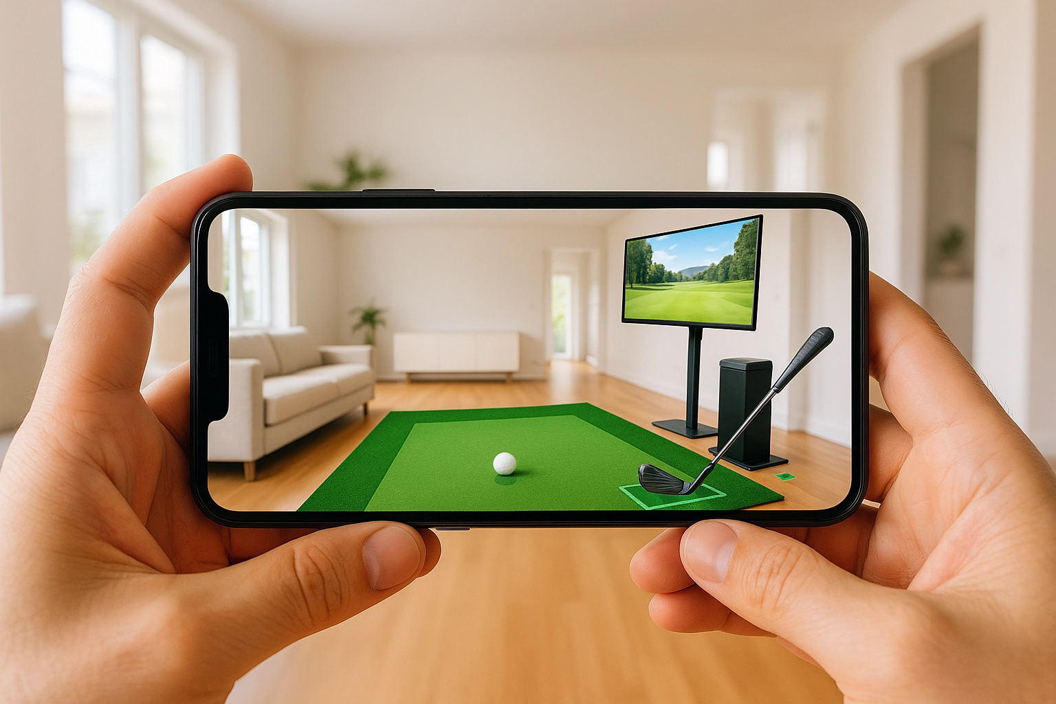Person holding smartphone displaying augmented reality golf simulator setup in a living room, featuring a putting green, golf club, and screen showing a golf course.