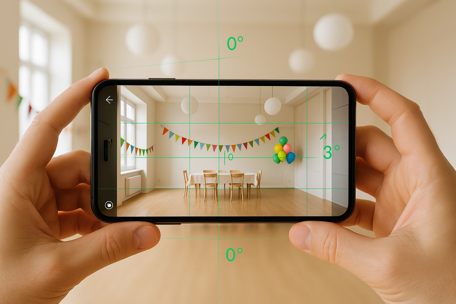 Person holding smartphone displaying a party room with festive decorations, including colorful balloons and a banner, illustrating the Space Checker tool for visualizing golf simulator setup.