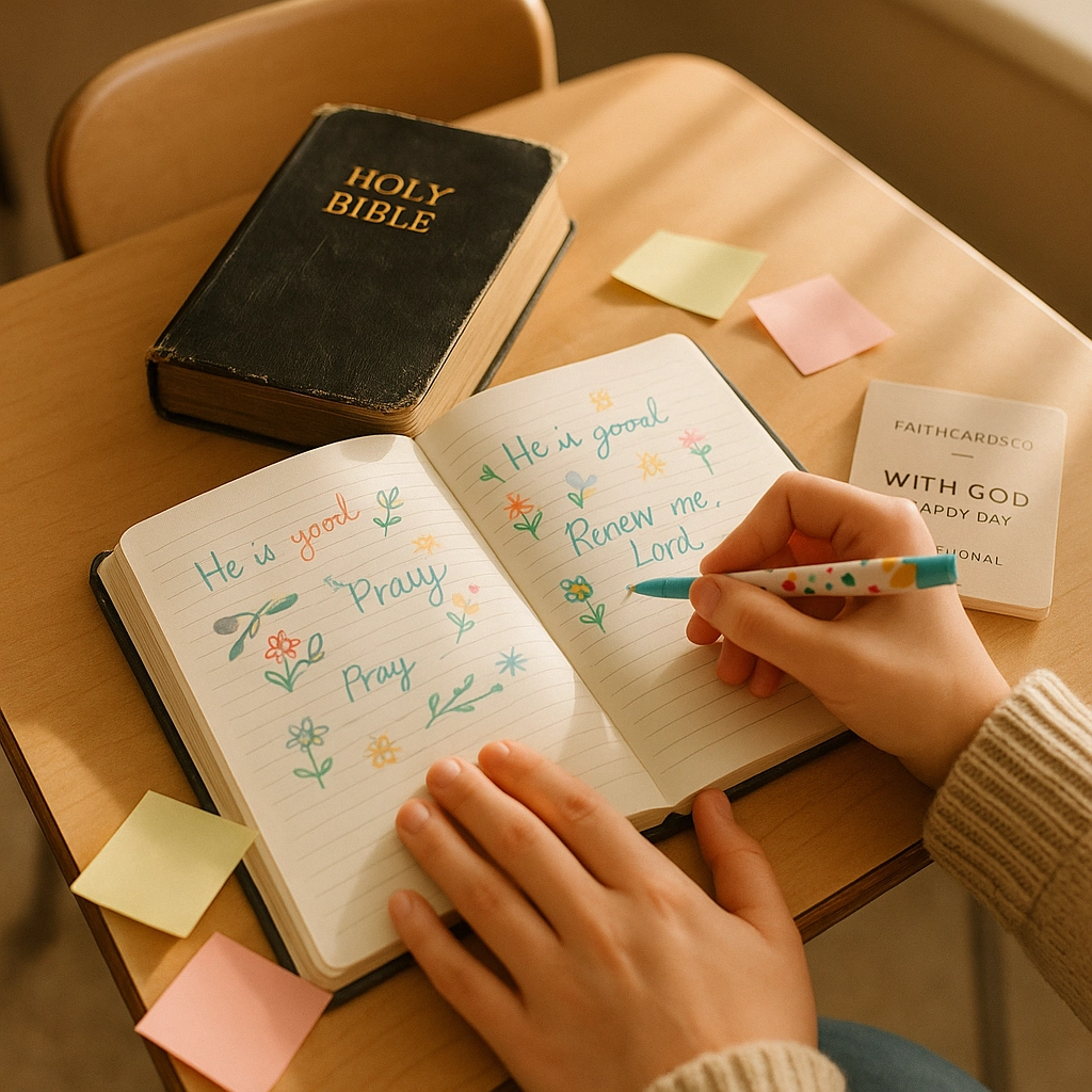 A journal, Bible, and FaithCards devotional on a school desk, ready for discovery