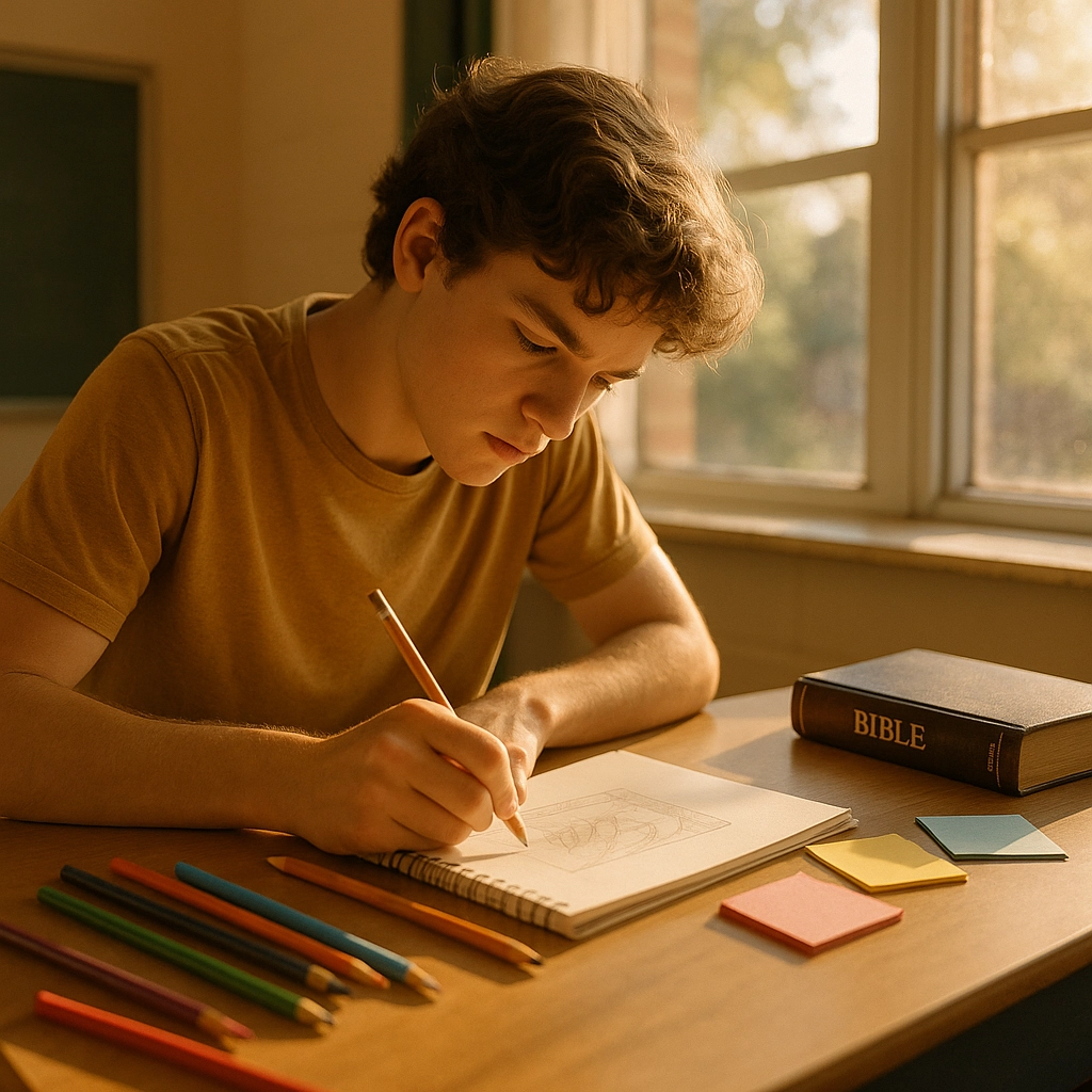 High school student sketching ideas, looking thoughtful—God's hidden potential theme