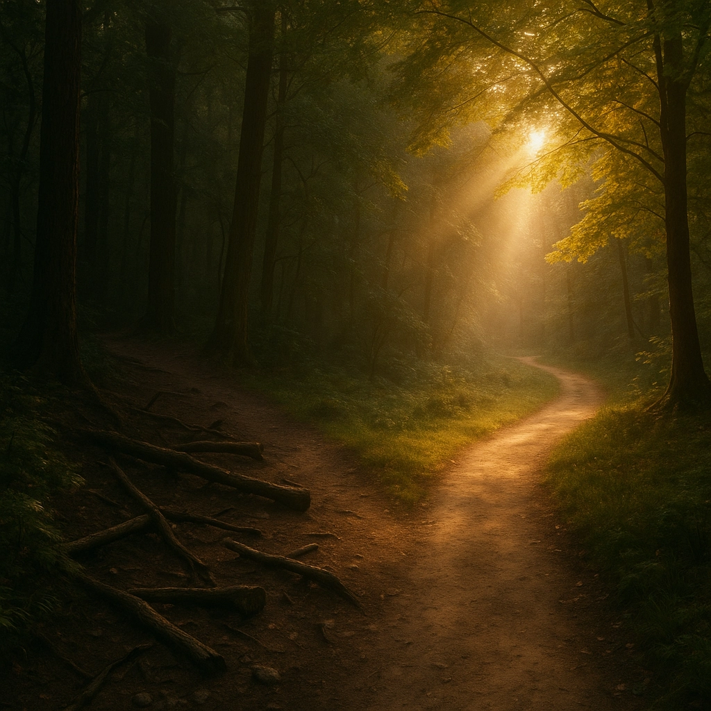 Contrasting paths in forest representing choice between lies and truth