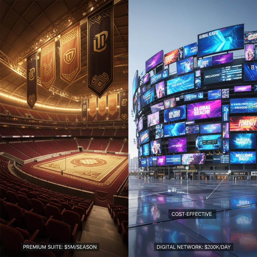 Comparison of traditional in-stadium sponsorship costs vs OOH Sports 5-mile radius DOOH network ROI and reach