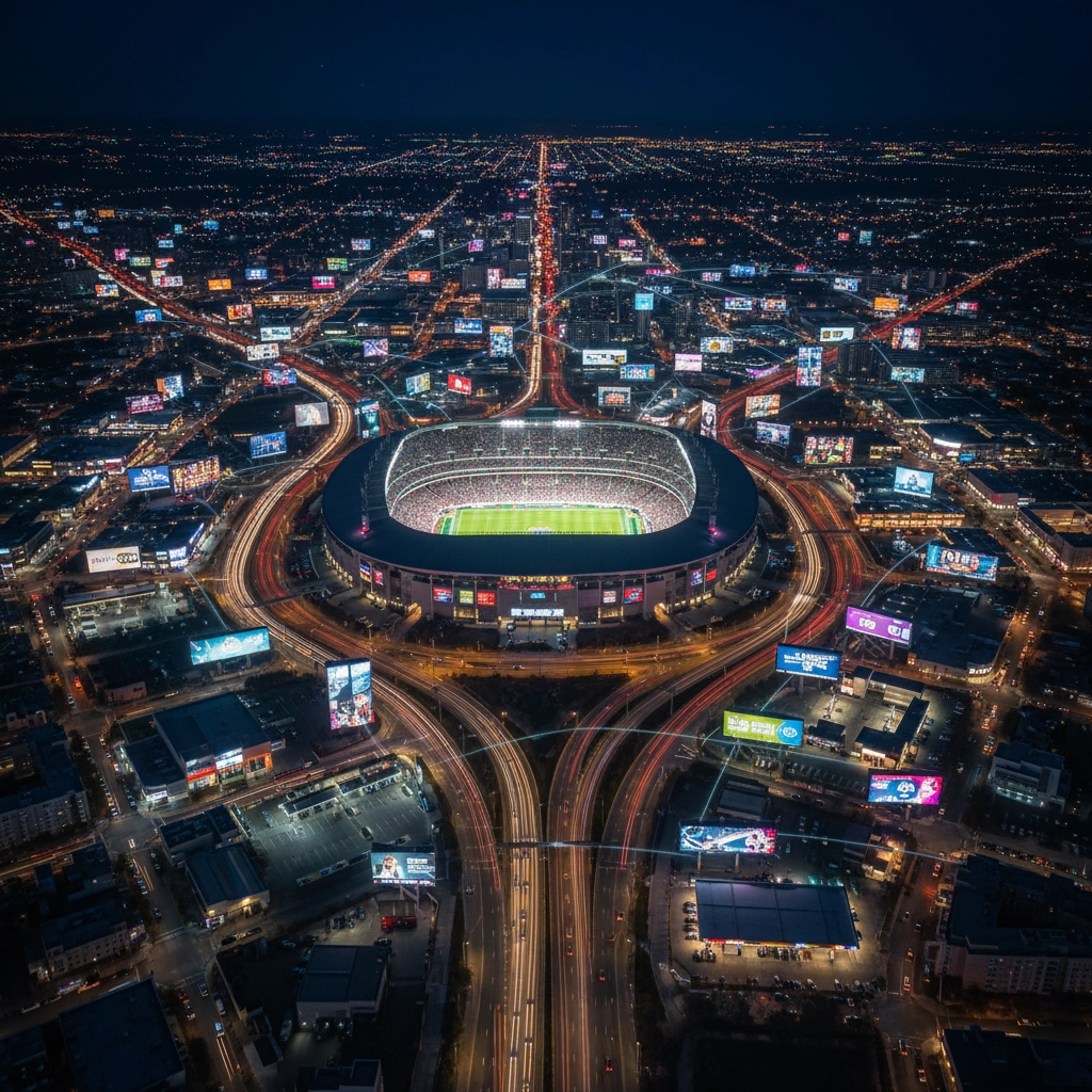 OOH Sports 5-mile radius digital signage network around stadiums and arenas at night — reach NFL, NBA, MLB, and NHL fans on game day
