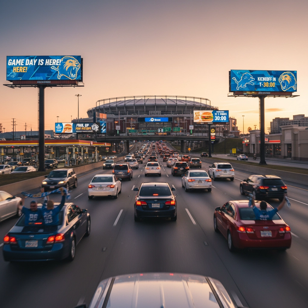 Game-day journey with highway digital billboards near arenas — OOH Sports DOOH targeting of fans pre- and post-game