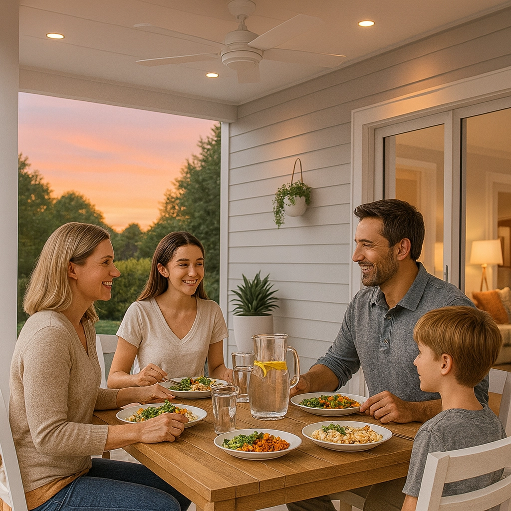 Family enjoying a meal outdoors at a dining table, featuring plates of colorful vegetables, a pitcher of water with lemon, and a warm sunset in the background, reflecting the trend of indoor-outdoor living in home renovations.