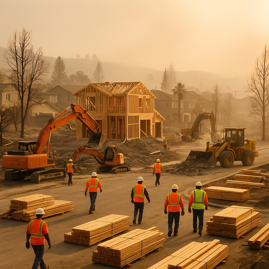 Construction workers in safety gear rebuilding homes after wildfires, with heavy machinery and lumber on-site in Southern California.