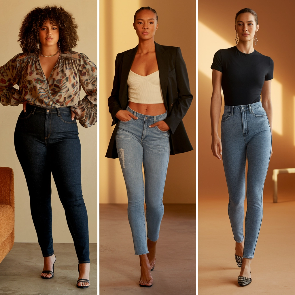 Three models wearing skinny jeans. First woman is wearing a loose printed blouse with black sandals. Second is wearing a white top and structured black blazer with heels. Third is wearing a simple fitted basic black tshirt with kitten heels.