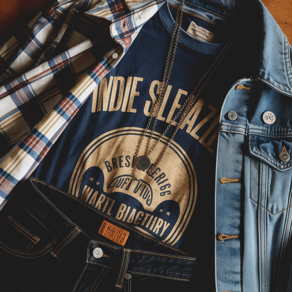 Vintage tee paired with flannel, denim jacket, dark skinny jeans, and hardware and jewelery
