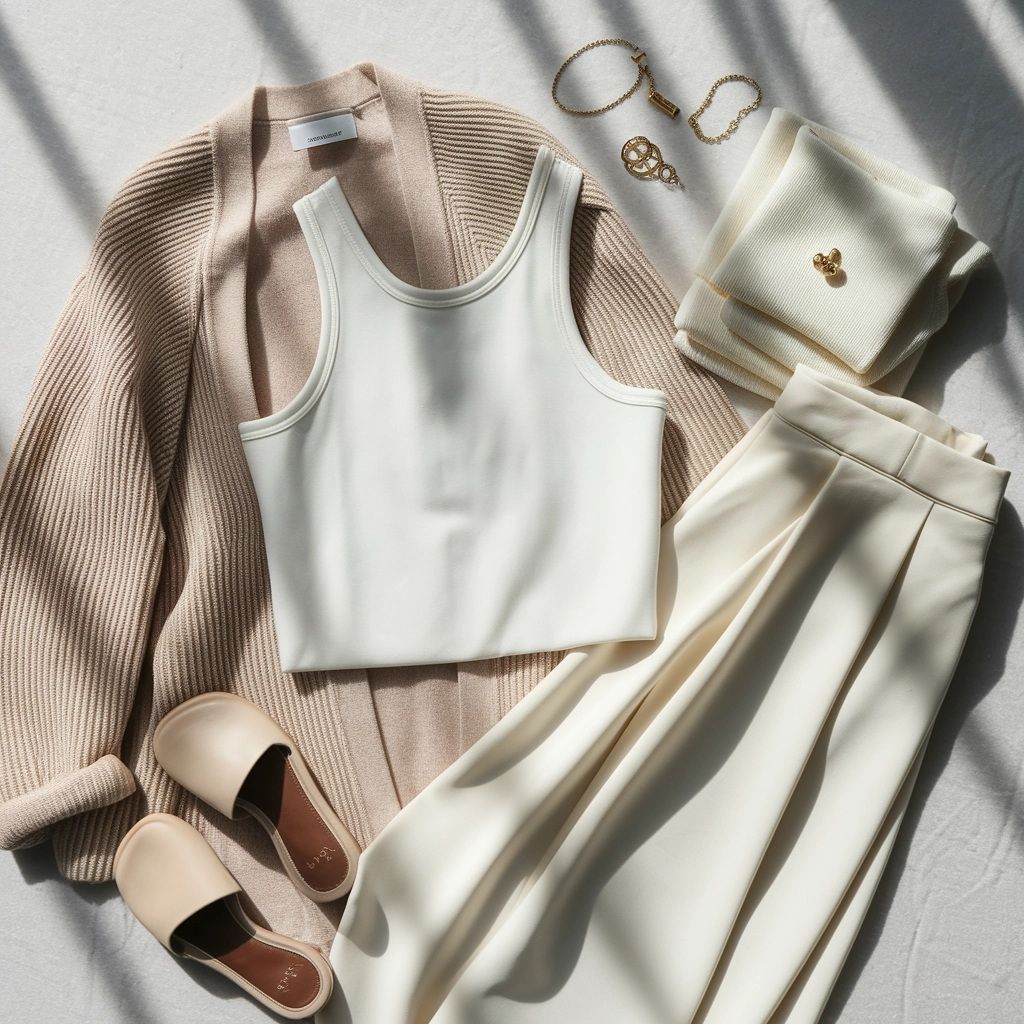 A collection of a chic outfit laid out. Includes a white ribbed tank top, gold jewelry, a knit cream cardigan, cream sandals, and smart white dress pants / slacks