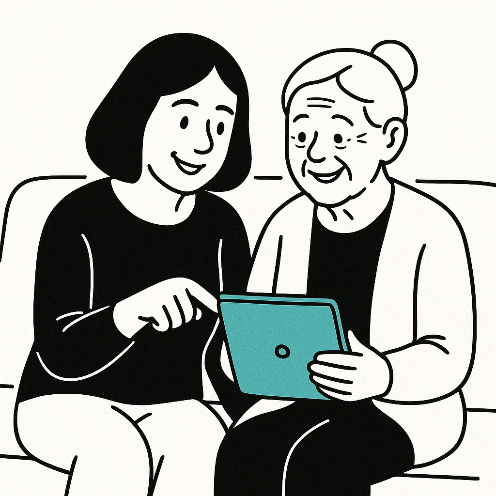 A woman and an elderly woman are sitting together, looking at a tablet. The younger woman is pointing at the screen, and both are smiling, engaged in conversation.