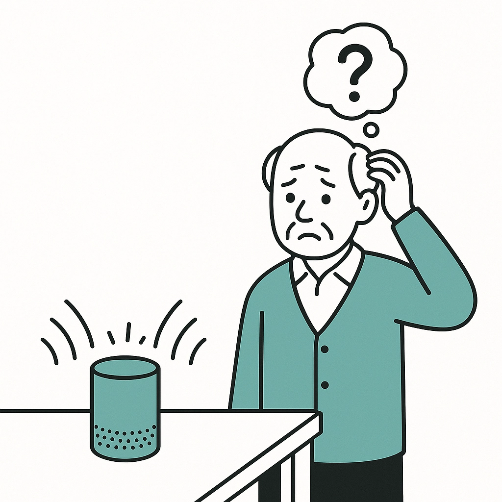 An elderly man looking confused while standing next to a smart speaker that is emitting sound.
