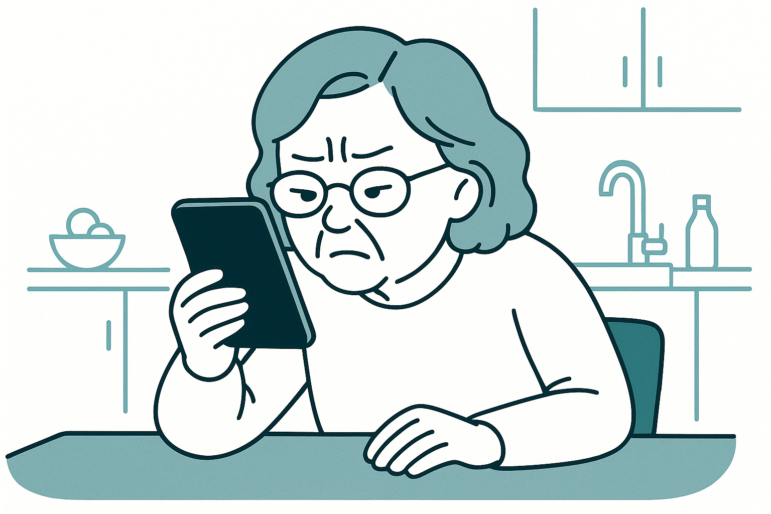 An older woman with glasses looks frustrated while holding a smartphone at a kitchen table, with kitchen items visible in the background.